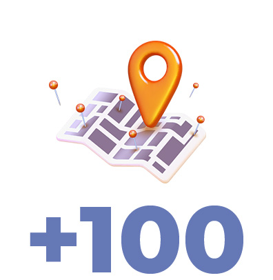 Mapa com ícone de marcação da localização e o texto + 100