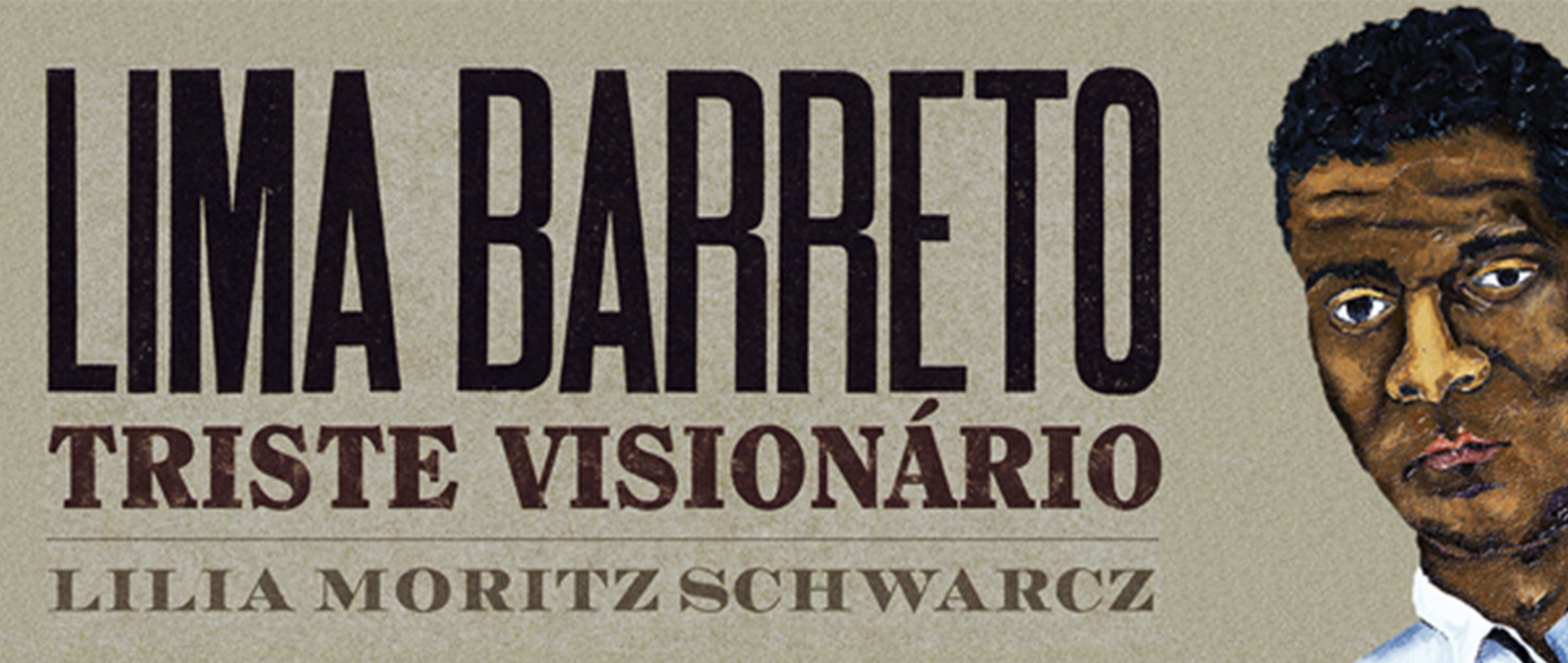 Banner com os escritos "Lima Barreto: Triste visionário" e um desenho autobiografico do escritor.