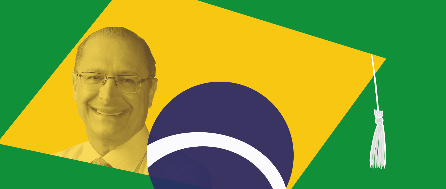Imagem de Geraldo Alckmin dentro de uma ilustração da bandeira do Brasil