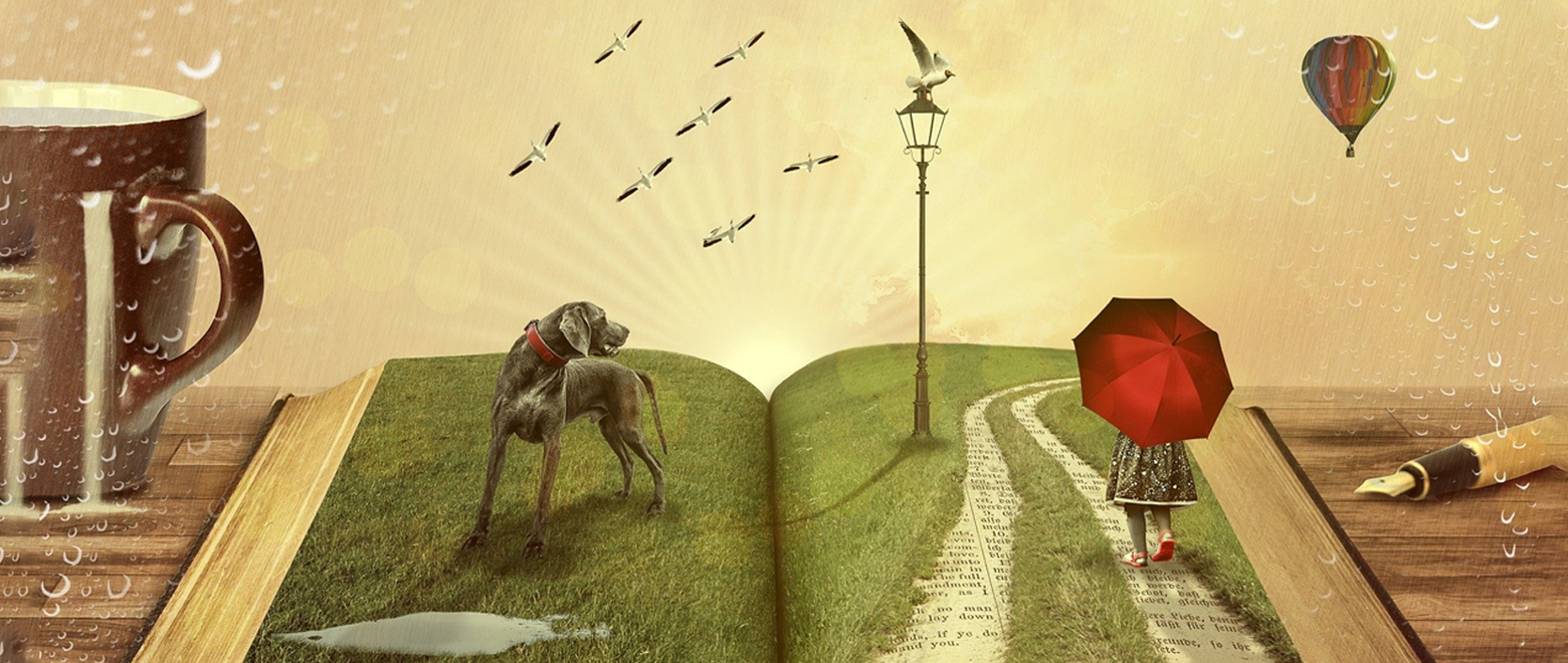 Ilustração de um livro aberto com um cachorro e garota com guarda chuva