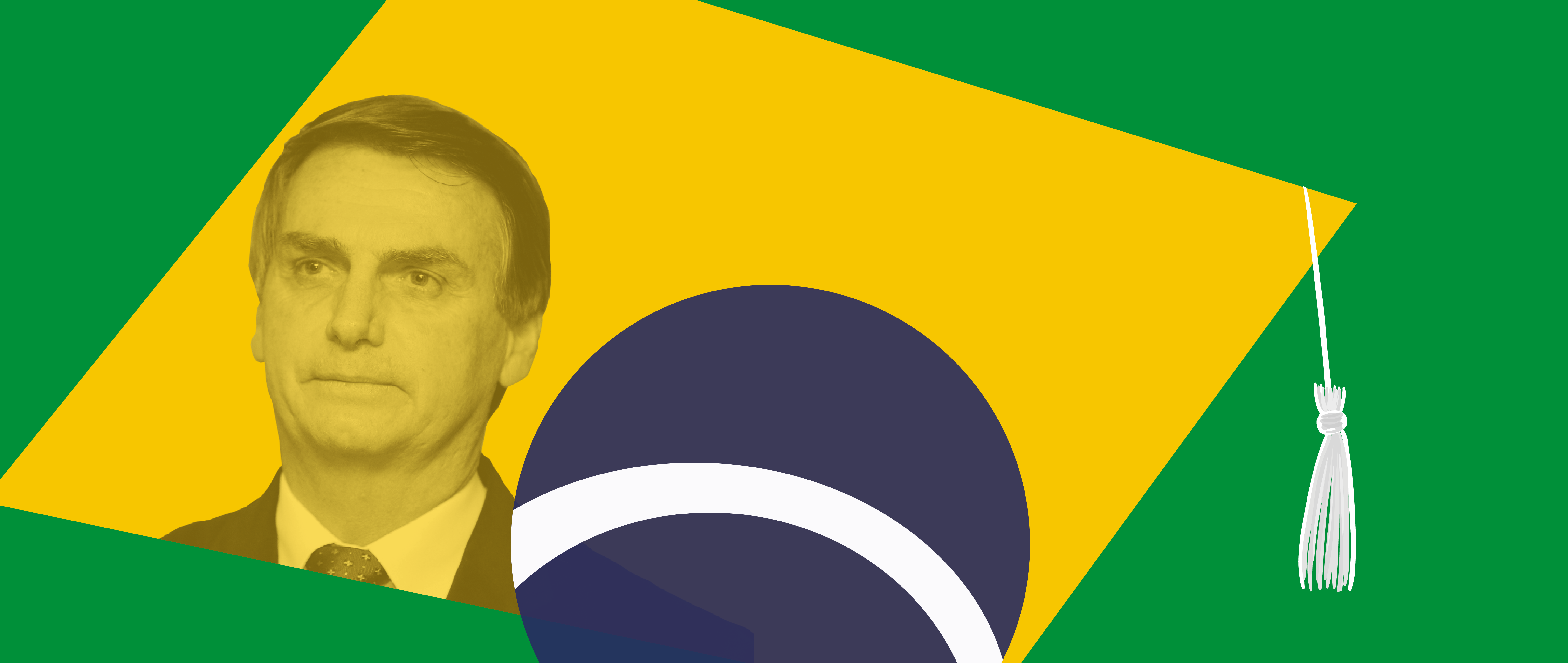 Imagem de Jair Bolsonaro em uma ilustração da bandeira do Brasil.