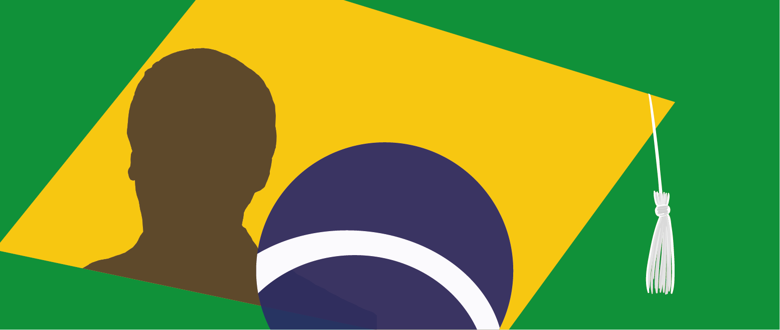 Silhueta de uma pessoa em uma ilustração da bandeira do Brasil.