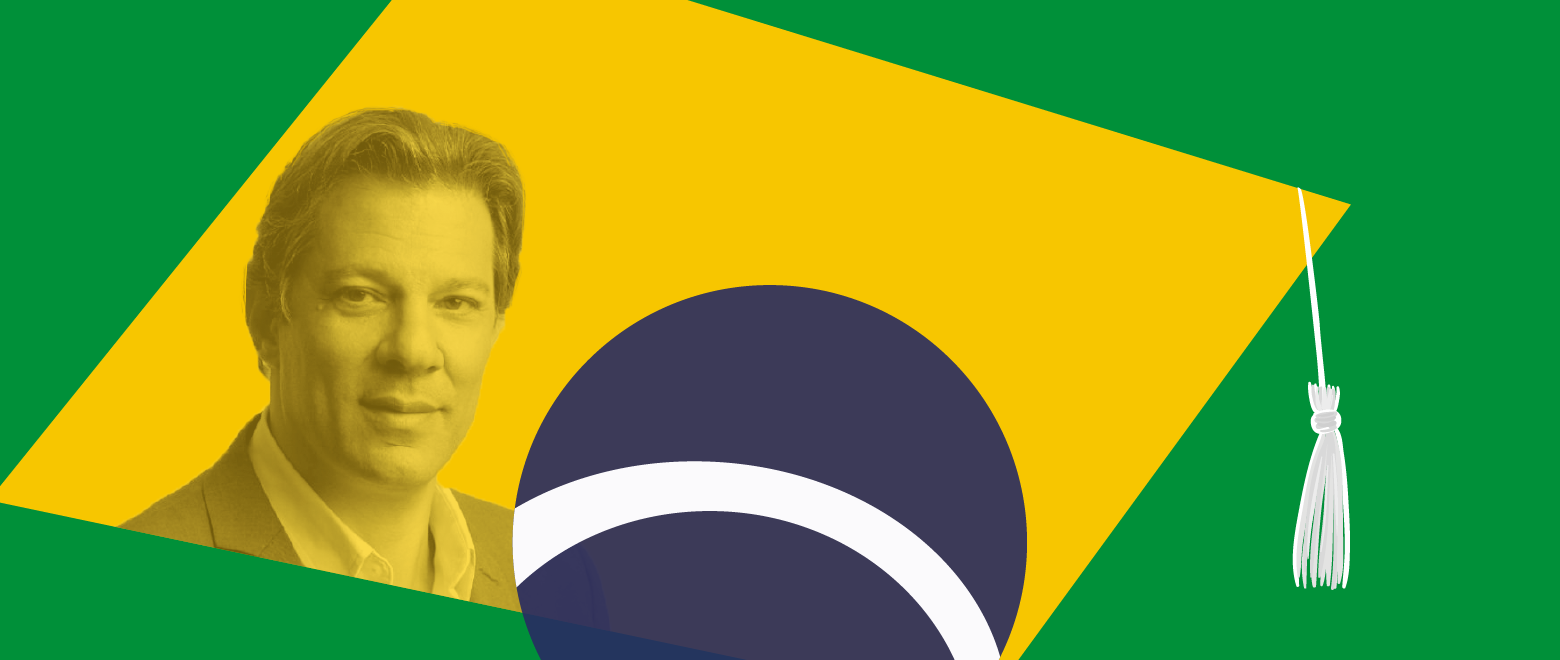 Imagem de Fernando Haddad em uma ilustração da bandeira do Brasil.