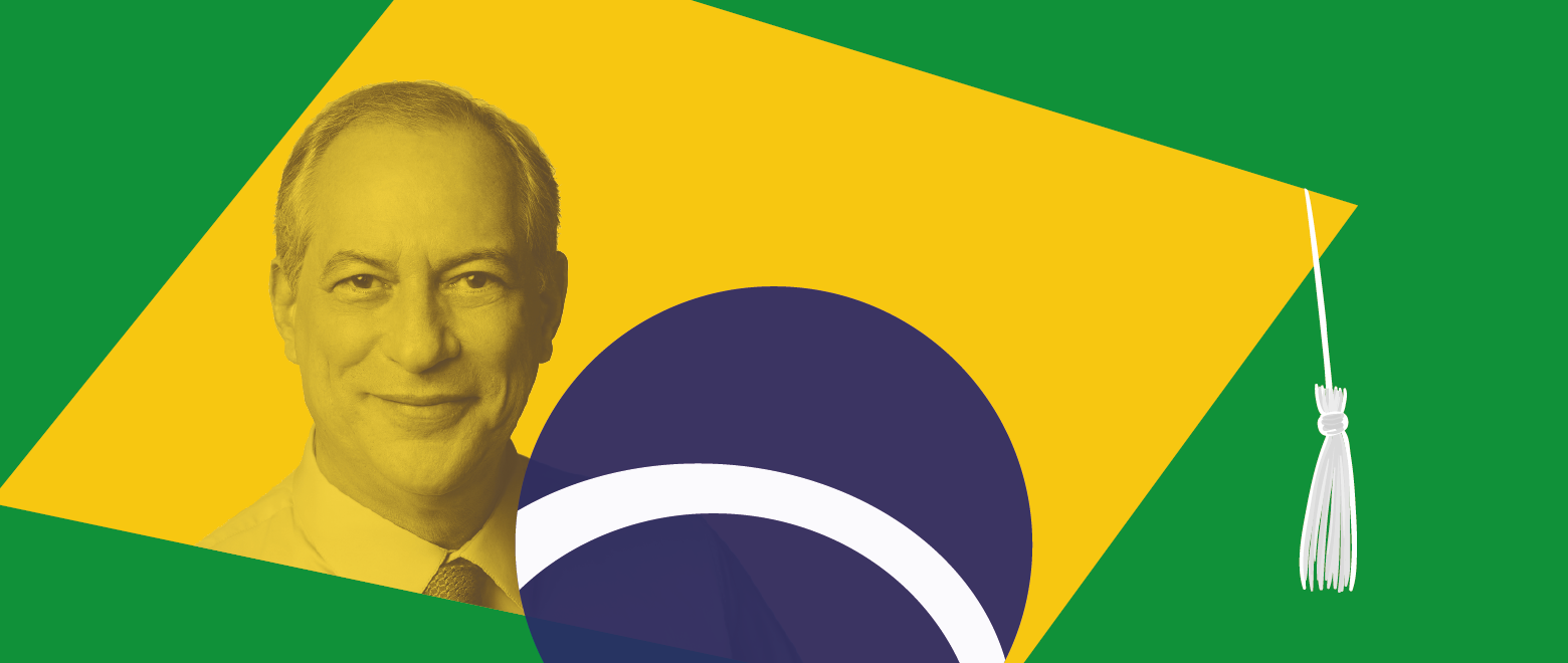 Imagem de Ciro Gomes dentro de uma ilustração da bandeira do Brasil